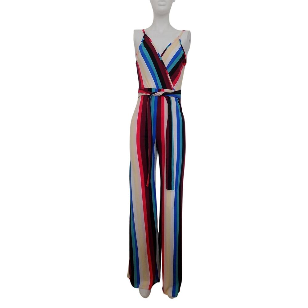 Prominent Fox jumpsuit stripes wide leg spaghetti straps size Large NWT